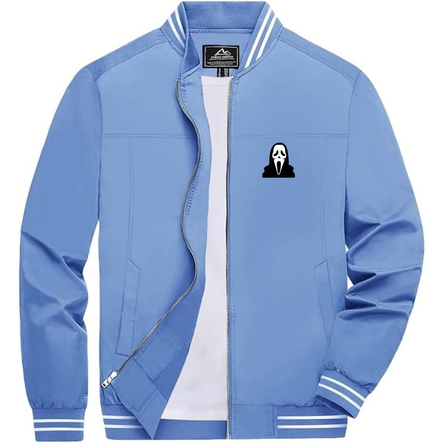 Men's Scream Ghostface Lightweight Zip-Up Bomber Jacket with Ribbed Collar and Cuffs - Versatile Casual Outerwear