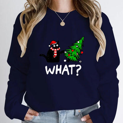 Black Cat Pushing Christmas Tree Sweatshirt