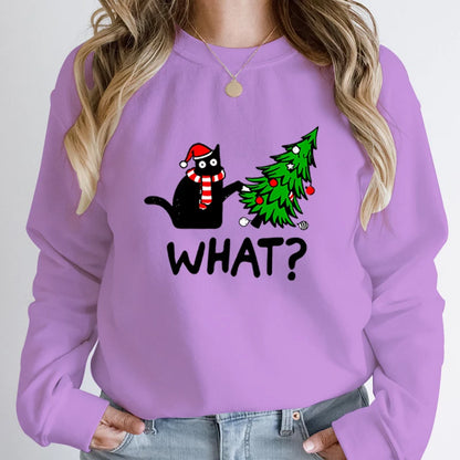 Black Cat Pushing Christmas Tree Sweatshirt
