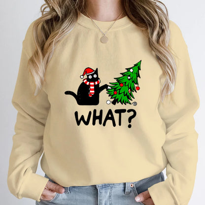 Black Cat Pushing Christmas Tree Sweatshirt