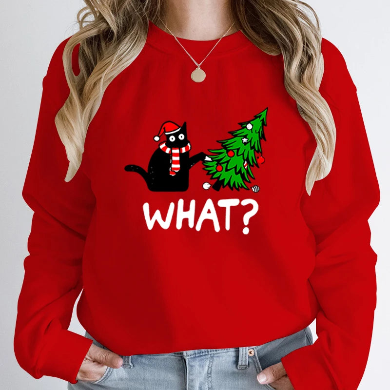 Black Cat Pushing Christmas Tree Sweatshirt
